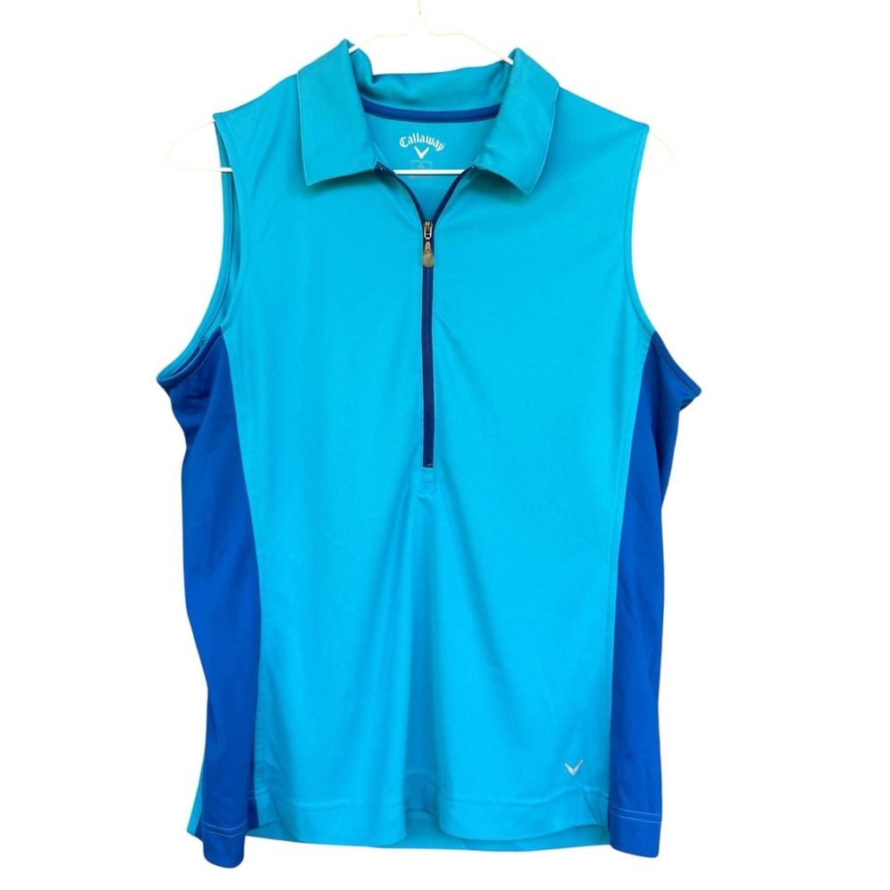 Callaway Polo Shirt Womens Large Blue Colorblock Sleeveless 1/4 Zip Golf